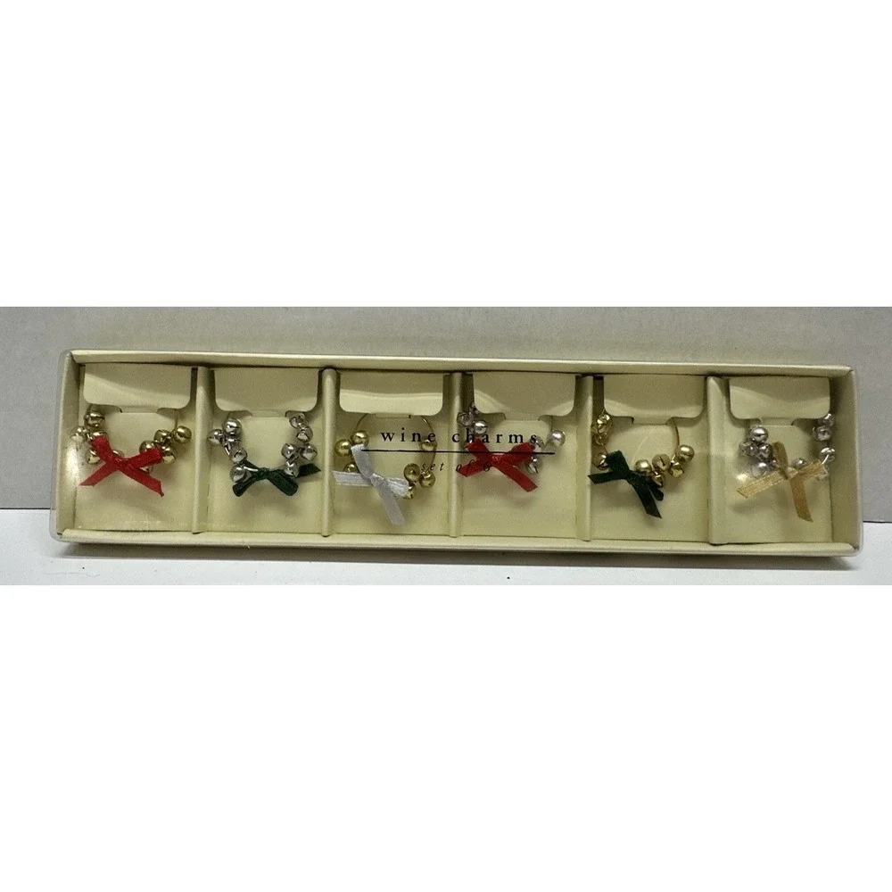 Pier 1 Imports Wine Glass Charms Holiday Christmas Bell Set of 6 New Sealed NOS